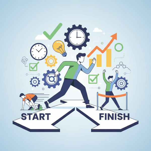 Ilustrace osoby na rozcestí mezi začátkem a koncem úkolu, s motivujícími symboly v pozadí.