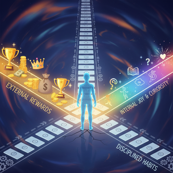 Ilustrace osoby na rozcestí symbolizujícím tři typy motivace: vnější odměny, vnitřní zájem a disciplínu.