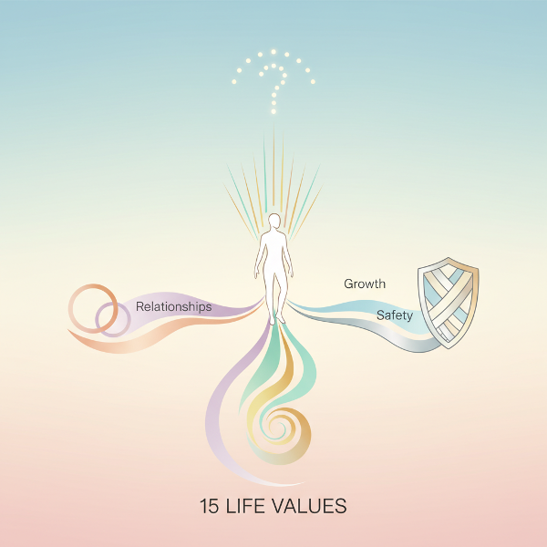 Minimalistická ilustrace osoby na křižovatce se třemi světélkujícími cestami, které symbolizují různé životní hodnoty a volby.