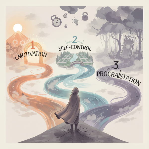 Ilustrace osoby na rozcestí se třemi cestami, symbolizující volby v psychologickém testu motivace a prokrastinace.