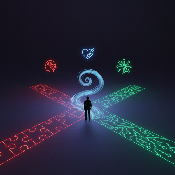 Ilustrace člověka na rozcestí se třemi odlišnými cestami, symbolizujícími různé přístupy k řešení problémů.