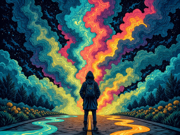 Osoba na křižovatce s abstraktními cestami, které symbolizují různé přístupy k řešení neočekávaných výzev.