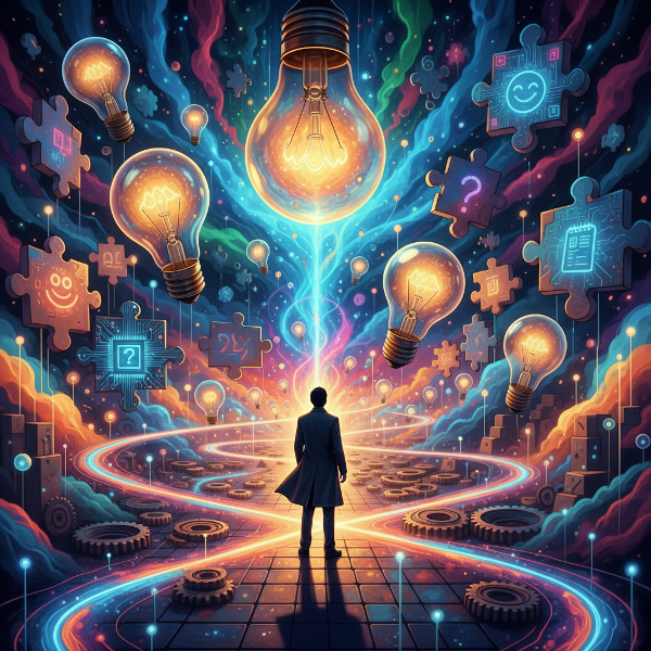 Osoba na rozcestí s cestami vedoucími do abstraktní krajiny plné ozubených kol, žárovek a dílků puzzle, symbolizující řešení problémů a tvůrčí myšlení.