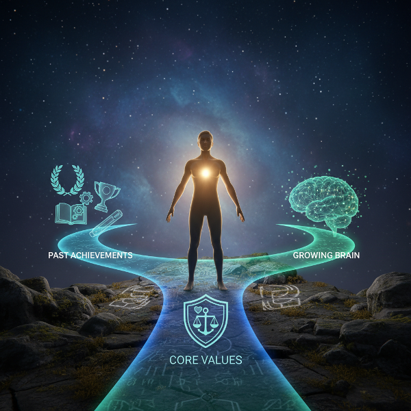 Ilustrace člověka na rozcestí, z něhož vedou tři zářící cesty symbolizující různé zdroje vnitřní síly. Osoba vyzařuje vlastní světlo do okolí.