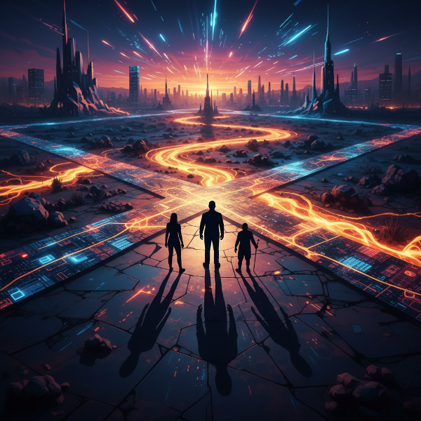 Osoba na křižovatce s nejasnými, měnícími se cestami, symbolizující nejistotu a volbu mezi rigiditou, flexibilitou a hledáním smyslu.