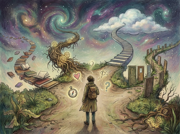 Ilustrace osoby na rozcestí s nečekanými cestami, symbolizující překvapivé životní situace a emoční stabilitu.