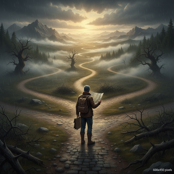 Ilustrace člověka na křižovatce s klikatými cestami a mlhou, znázorňující nepředvídatelné události a psychickou pružnost.