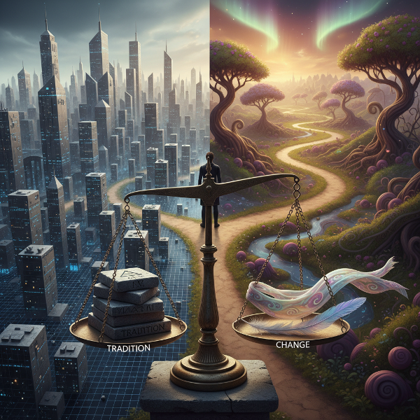 Ilustrace člověka na rozcestí mezi pevným světem pravidel a volným světem svobody, s vahou tradice a změny v popředí.