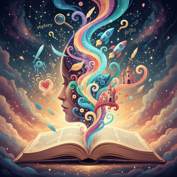 Ilustrace tváře splývající s otevřenou knihou, z níž vystupují symboly různých literárních žánrů v barevných vírech.