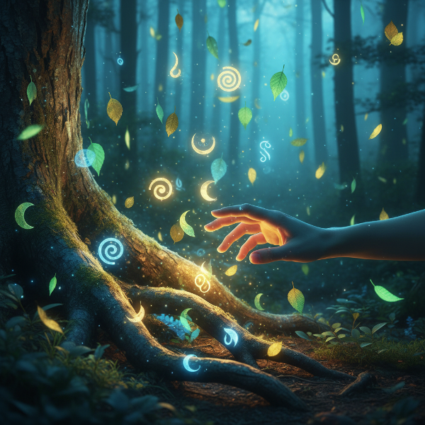 Ruka se dotýká zářícího kořene stromu v mystickém lese, obklopená symboly přírodních cyklů a vznášejícími se listy.