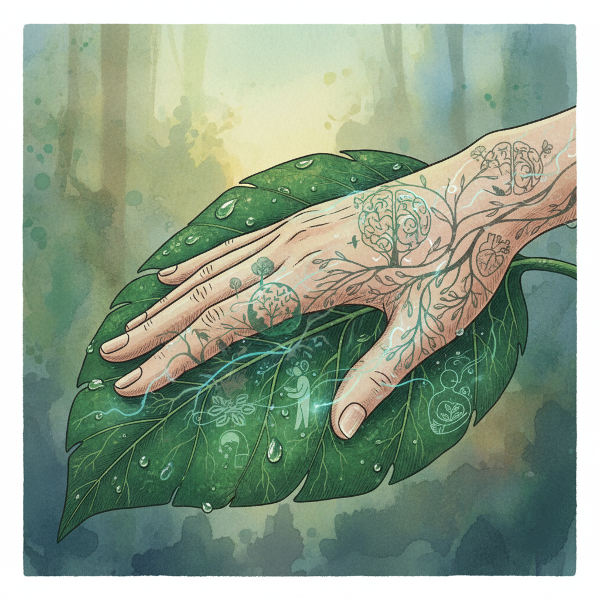 Ilustrace znázorňující jemné propojení lidské ruky s živým listem, symbolizující biofilii a environmentální vědomí.