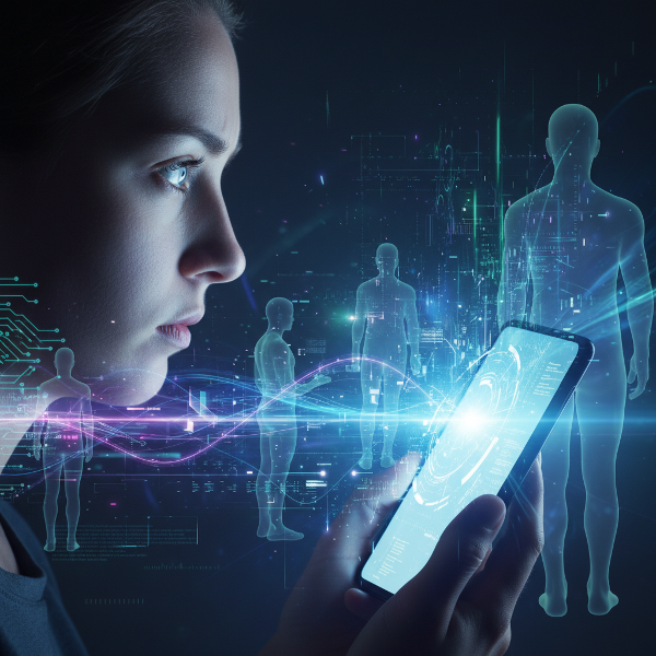 Osoba zamyšleně hledí do svítícího displeje smartphonu, obklopena abstraktními digitálními vzory a lidskými siluetami, což symbolizuje vliv technologií na psychiku.