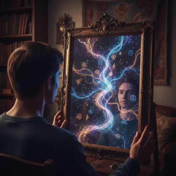 Osoba hledí do zrcadla, které odráží ne její tvář, ale zářící, složitou síť myšlenek a emocí, symbolizující hluboké sebepojetí a skryté vrstvy identity.
