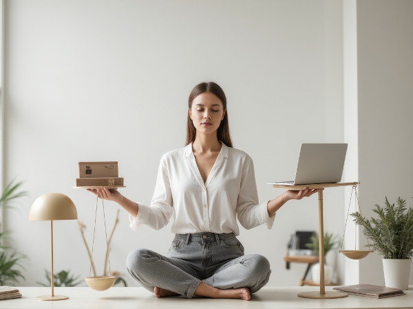 Obrázek znázorňující osobu v klidné meditaci u pracovního stolu, s váhou symbolizující rovnováhu mezi pracovním a osobním životem v minimalistickém stylu.