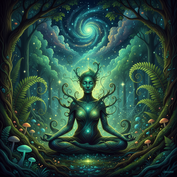 Osoba v meditaci, která se propojuje s lesem, její tělo splývá s kořeny a listím, obklopená zářícími přírodními prvky a vesmírnými vzory.