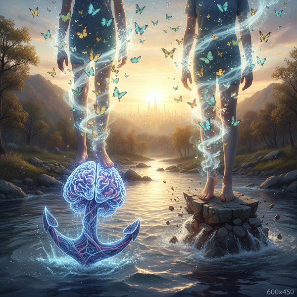 Osoba stojící na břehu řeky změn, s kotvami představujícími vnitřní stabilitu a vnější opory, kde pouta měnící se v motýly symbolizují vědomou transformaci.