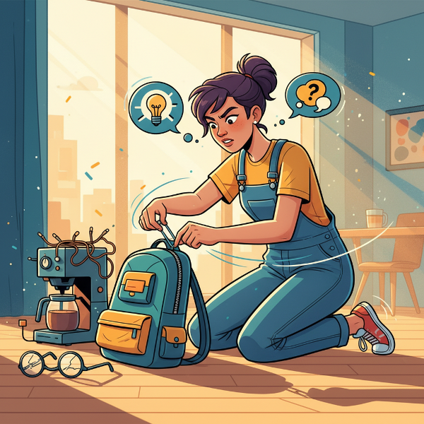 Ilustrace člověka kreativně řešícího běžný problém improvizovaným způsobem v moderním a dynamickém stylu.