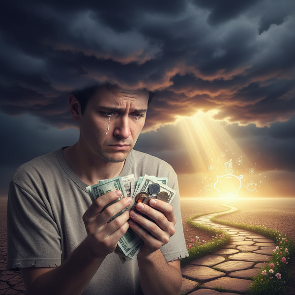 Ilustrace osoby pod finančním tlakem s temným mrakem nad hlavou, zatímco v pozadí svítí světlo a cesta symbolizující řešení a úlevu.