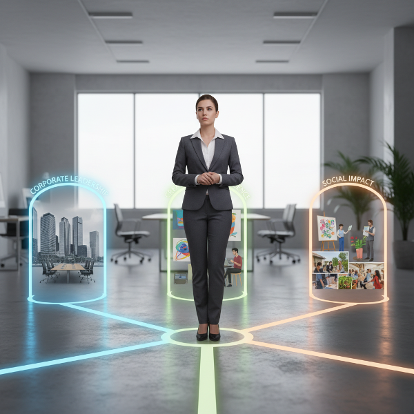 Ilustrace osoby na křižovatce tří kariérních cest v moderním kancelářském prostředí, symbolizující volbu v pracovních situacích.