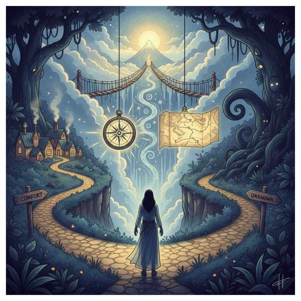 Ilustrace osoby na křižovatce různých cest symbolizující volbu mezi bezpečím, dobrodružstvím a neznámem.