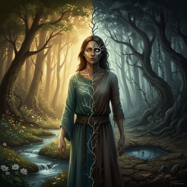 Ilustrace znázorňující psychologické napětí mezi harmonií s přírodou a ekologickým stresem, s rozděleným světlem a tmou na lidské tváři.