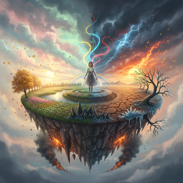 Surrealistická krajina, kde se vnitřní emoce člověka vizuálně prolínají s proměnlivým počasím a ročními obdobími.