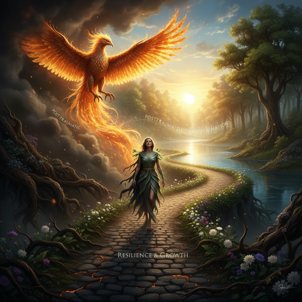 Ilustrace znázorňující cestu od temnoty k světlu, s člověkem a fénixem symbolizujícími odolnost, adaptabilitu a růst po obtížích.