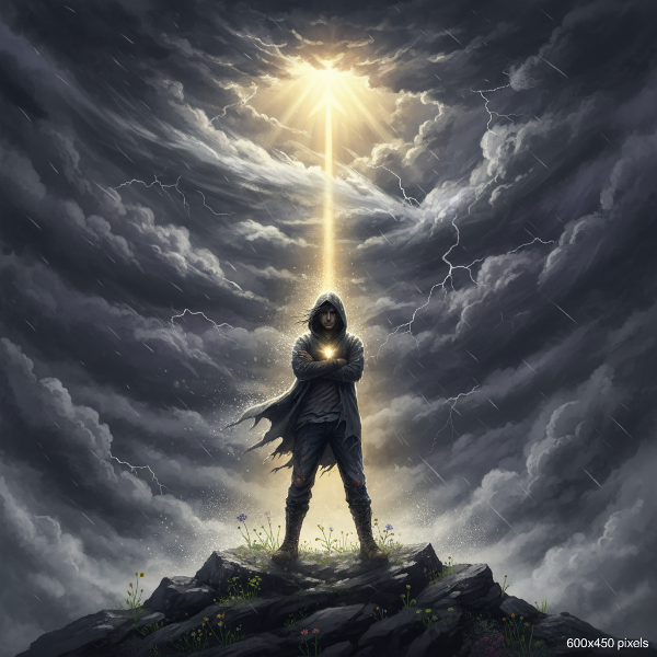 Obrázek odolné osoby, která stojí pevně uprostřed vířících větrů a bouřkových mraků, zatímco jediný paprsek slunce prosvítá, symbolizující vnitřní sílu a růst skrze překážky.