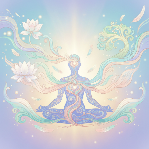 Abstraktní zobrazení propojení mysli a těla s klidnou lidskou siluetou, plynoucími energiemi a přírodními prvky v pastelových barvách.