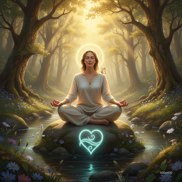 Osoba v klidné meditaci v harmonické přírodě, symbolizující emoční pohodu a vnitřní rovnováhu.