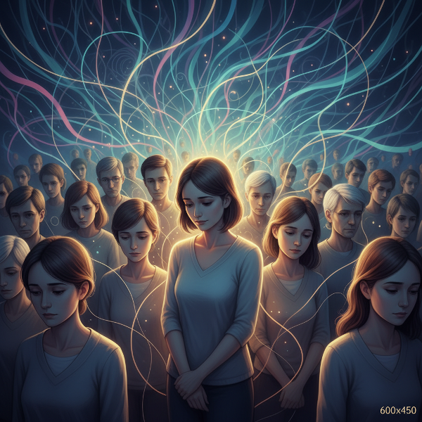 Osoba citlivě reagující na neverbální signály ve skupině, znázorněná abstraktními liniemi spojujícími jednotlivce a emoční aurou.