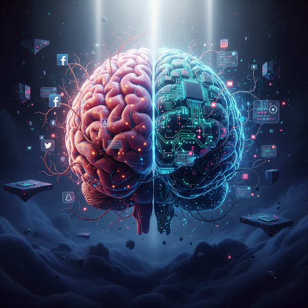 Surrealistický obraz lidského mozku propleteného s digitálními obvody a ikonami, znázorňující střet organického myšlení a technologického vlivu.