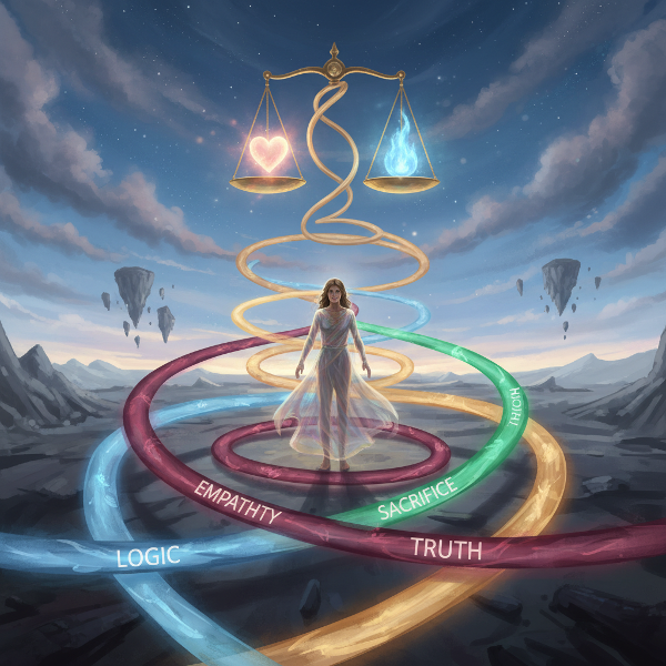 Surrealistický obraz osoby na křižovatce zářících cest, které představují různé morální principy, v labyrintu světla a stínu s plujícími vahami a srdcem.