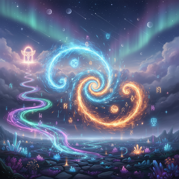 Surrealní snová krajina s dynamickými energetickými vzory archetypů, zobrazující cykly, polarity a proměnnoucí se cesty v mystické atmosféře.