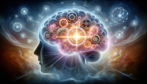 Surrealistický obrázek zářícího mozku s vnitřními mechanismy a energetickými proudy, symbolizující hluboké zdroje angažovanosti a vnitřní pohony.