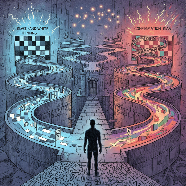 Surrealistický obrázek zobrazující mysl jako labyrint s různými intelektuálními cestami a kognitivními předsudky znázorněnými jako optické iluze na stěnách.