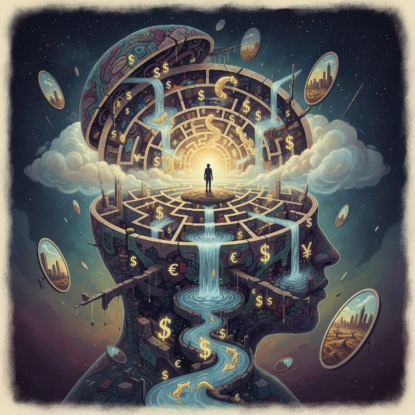 Surrealistický obrázek znázorňující lidskou mysl jako labyrint, kterým protéká řeka z peněžních symbolů, s jemným světlem pro introspectivní náladu.