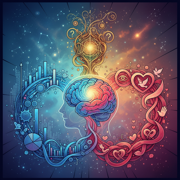 Ilustrace tří kognitivních stylů rozhodování - analytického, intuitivního a empatického - symbolicky se sbíhajících v lidské mysli.