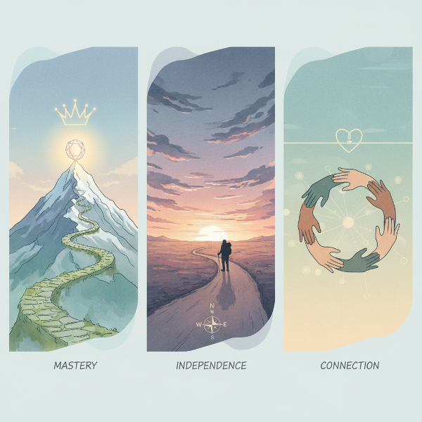 Ilustrace tří stylů motivace: cesta k mistrovství, cesta k nezávislosti a cesta ke spřízněnosti.