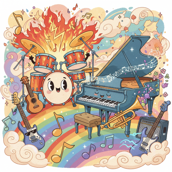 Veselá ilustrace hudebních nástrojů, které personifikují různé povahové rysy, v barevném karikaturním stylu.