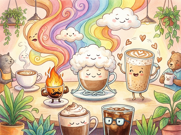 Veselá ilustrace různých kávových nápojů s výraznými tvářemi a osobnostmi v útulné kavárně.