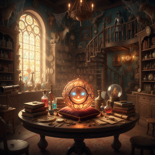 Kouzelný interiér starožitnictví s jediným zářícím historickým předmětem na stole, který má svou vlastní osobnost.