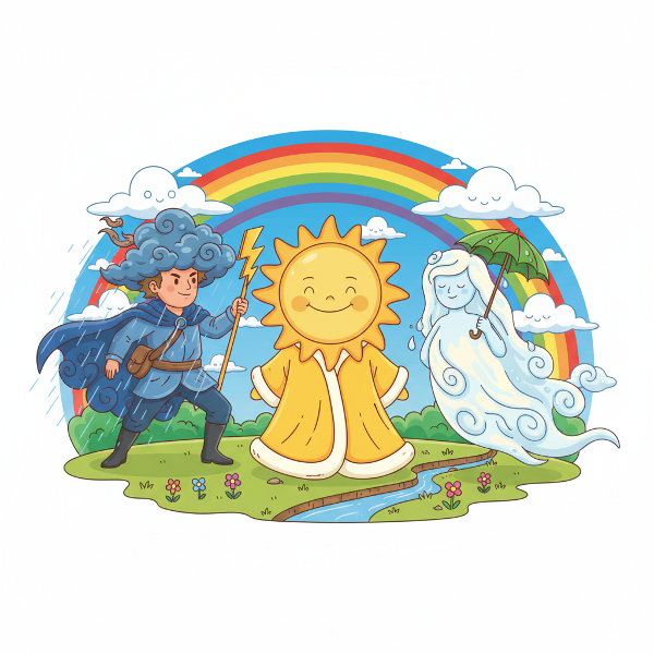 Hravá ilustrace zosobněných typů počasí reprezentujících různé osobnosti ve stylu veselé karikatury.