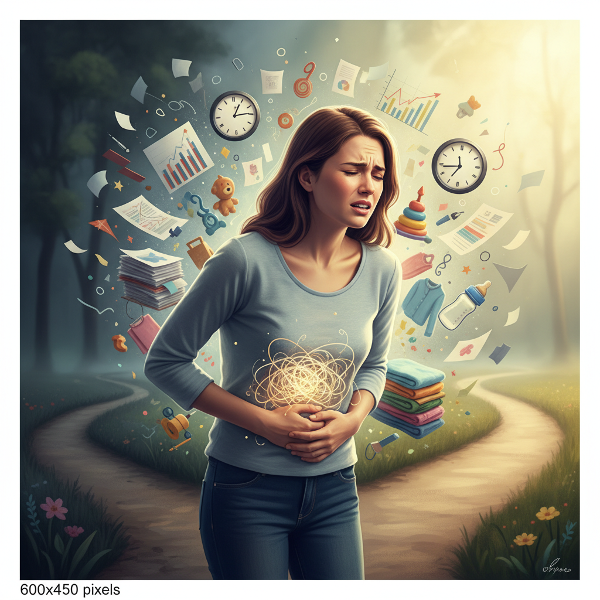 Žena s bolestí břicha a úzkostí, obklopená symboly pracovního a rodinného stresu, stojí na rozcestí mezi chaosem a klidem.