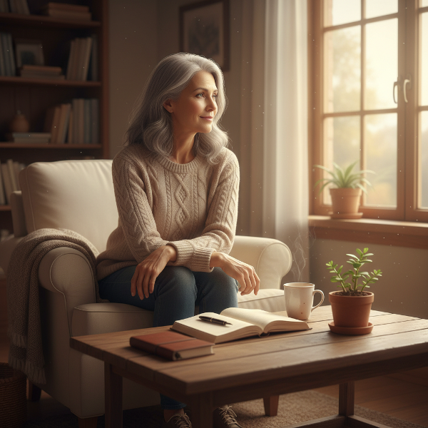 Ilustrace zobrazující ženu v klidném prostředí, která symbolizuje hledání naděje a stability po osobní krizi.