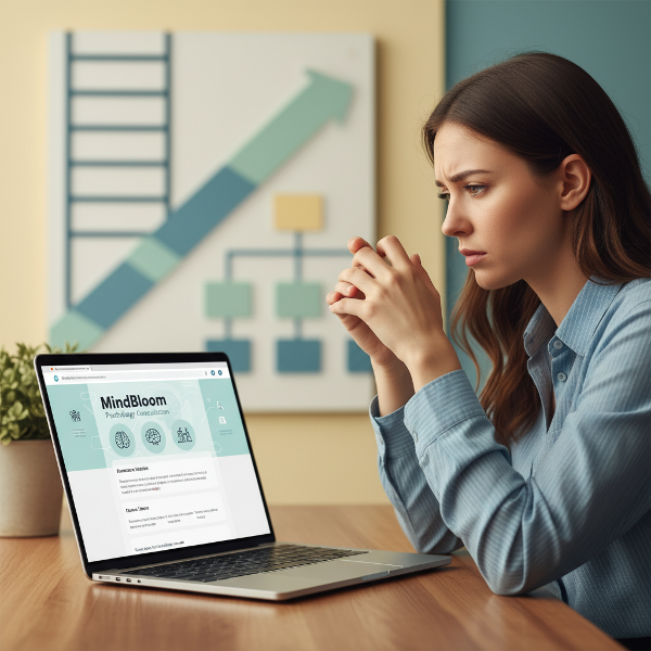 Žena přemýšlí o kariérním postupu, cítí úzkost a pochybnosti, symbolizované žebříkem a grafem vedení na pozadí.