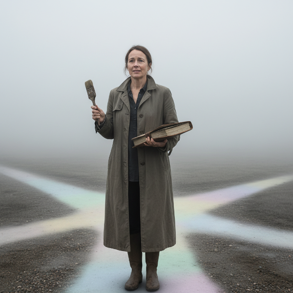 Žena na křižovatce v mlze drží účetní knihu a štětec, hledající novou, barevnou cestu.