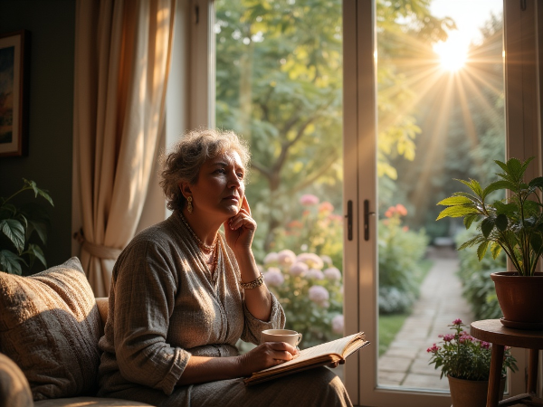 Ilustrace ženy hledající klid a naději při práci s depresí a apatií.