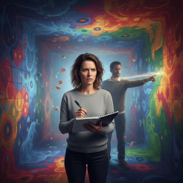 Ilustrace ženy v nejistém, měnícím se prostoru, který symbolizuje posunující se pravidla vztahu, zatímco se snaží držet se svých poznámek a pocitů.