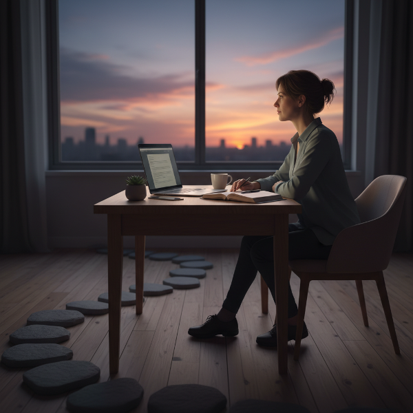 Žena přemýšlí o kariéře a sebevědomí u pracovního stolu, symbolicky obklopena prvky růstu a malých kroků vpřed.